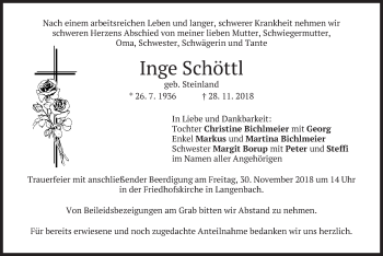 Traueranzeige von Inge Schöttl von merkurtz