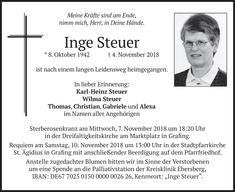  Traueranzeige für Inge Steuer vom 06.11.2018 aus merkurtz