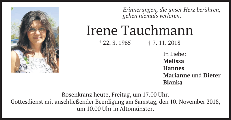  Traueranzeige für Irene Tauchmann vom 09.11.2018 aus merkurtz