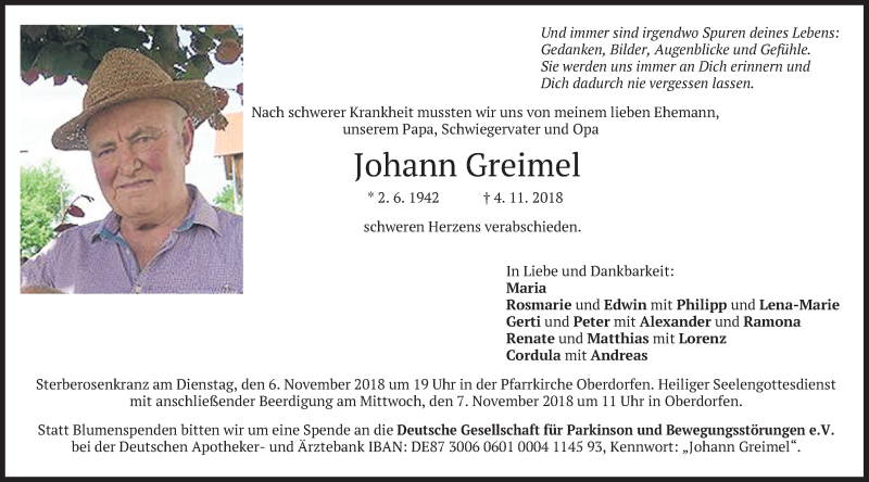  Traueranzeige für Johann Greimel vom 06.11.2018 aus merkurtz