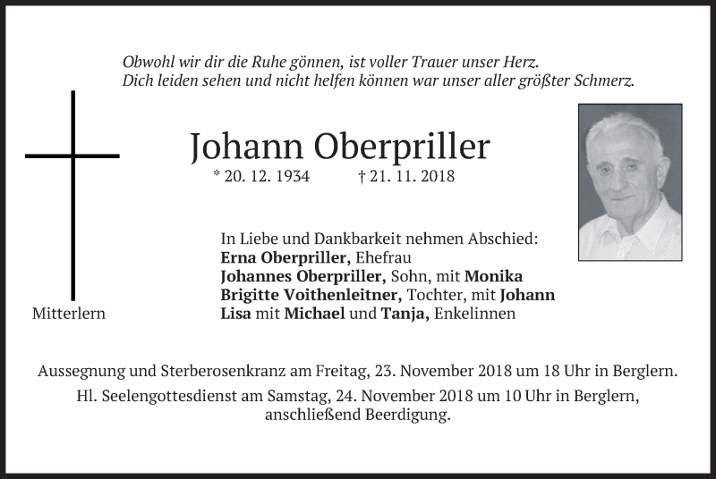  Traueranzeige für Johann Oberpriller vom 22.11.2018 aus merkurtz