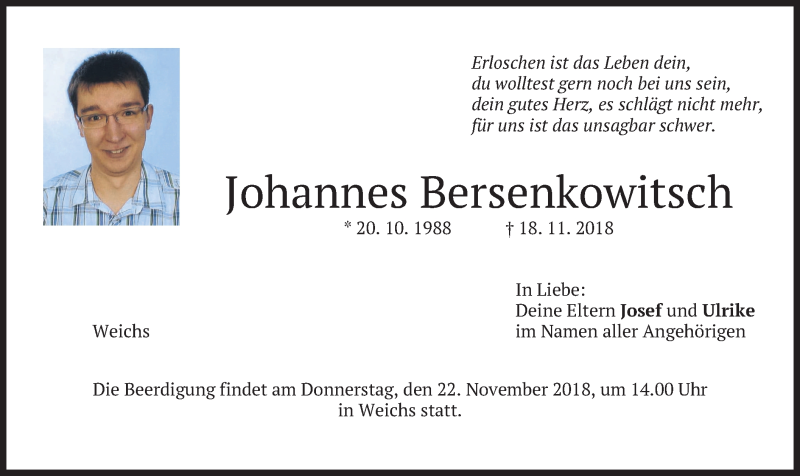  Traueranzeige für Johannes Bersenkowitsch vom 20.11.2018 aus merkurtz