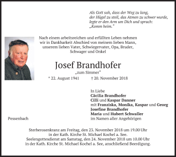 Traueranzeigen von Josef Brandhofer | trauer.merkur.de