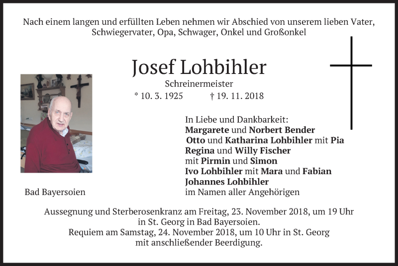  Traueranzeige für Josef Lohbihler vom 21.11.2018 aus merkurtz