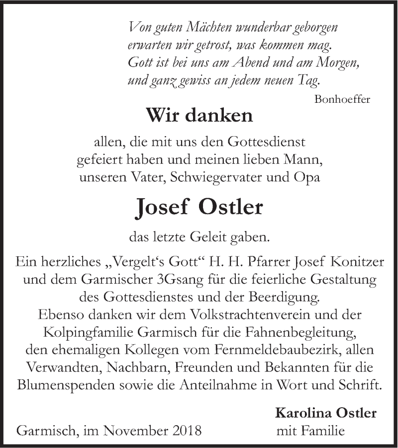 Traueranzeige für Josef Ostler vom 17.11.2018 aus merkurtz