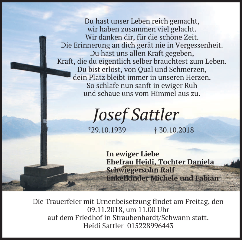  Traueranzeige für Josef Sattler vom 03.11.2018 aus merkurtz