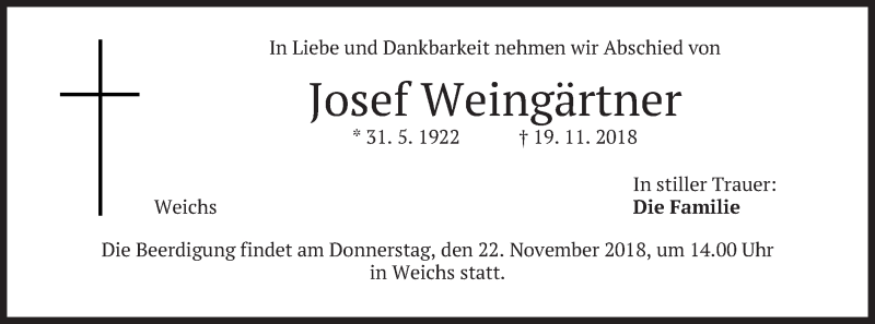  Traueranzeige für Josef Weingärtner vom 20.11.2018 aus merkurtz