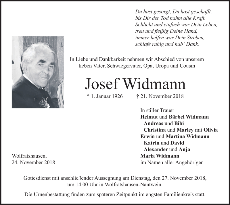  Traueranzeige für Josef Widmann vom 24.11.2018 aus merkurtz