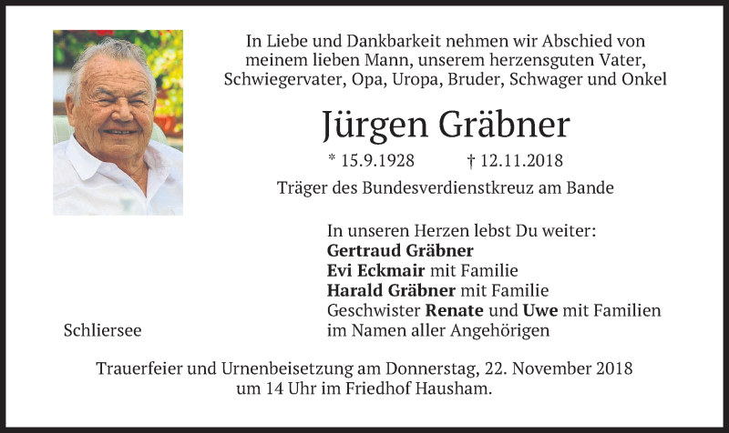  Traueranzeige für Jürgen Gräbner vom 17.11.2018 aus merkurtz