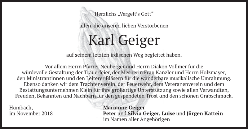  Traueranzeige für Karl Geiger vom 24.11.2018 aus merkurtz