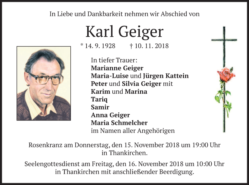  Traueranzeige für Karl Geiger vom 13.11.2018 aus merkurtz