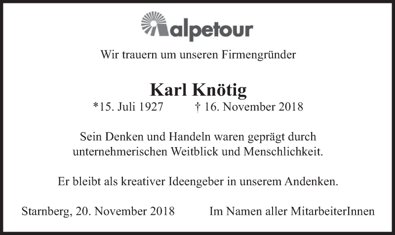 Traueranzeige für Karl Knötig vom 20.11.2018 aus merkurtz