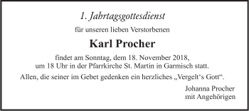 Traueranzeige von Karl Procher von merkurtz
