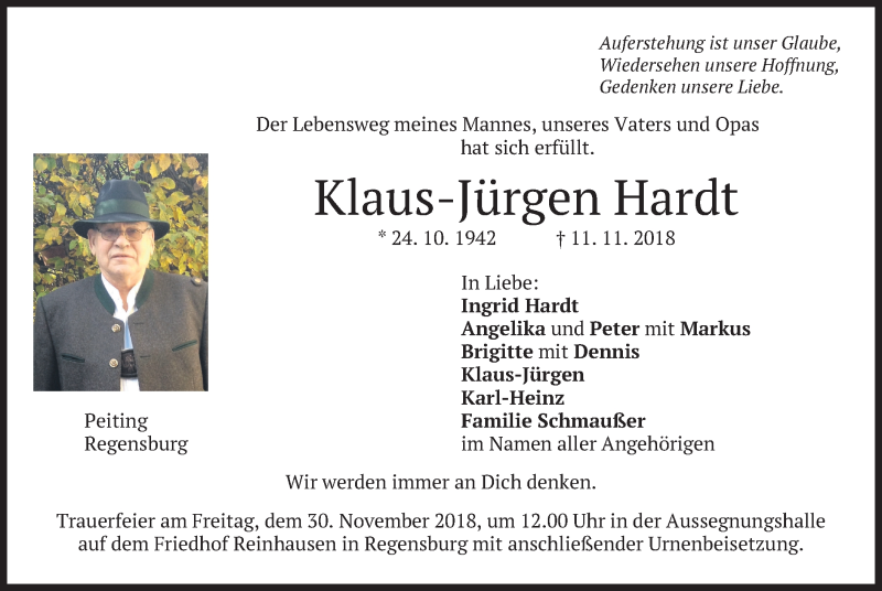  Traueranzeige für Klaus-Jürgen Hardt vom 24.11.2018 aus merkurtz