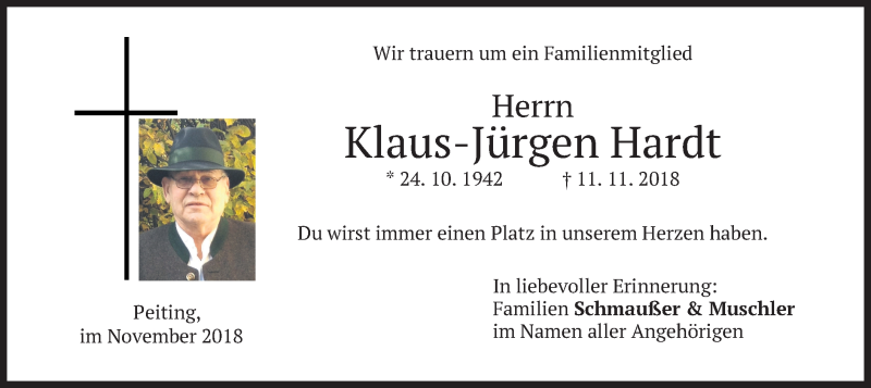  Traueranzeige für Klaus-Jürgen Hardt vom 19.11.2018 aus merkurtz