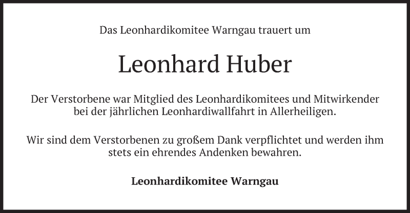  Traueranzeige für Leonhard Huber vom 29.11.2018 aus merkurtz