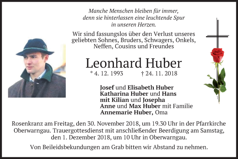  Traueranzeige für Leonhard Huber vom 28.11.2018 aus merkurtz