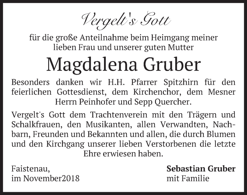  Traueranzeige für Magdalena Gruber vom 03.11.2018 aus merkurtz