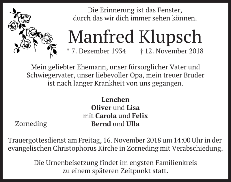  Traueranzeige für Manfred Klupsch vom 14.11.2018 aus merkurtz