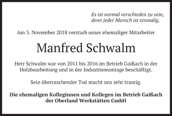 Traueranzeige von Manfred Schwalm von merkurtz