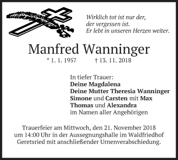 Traueranzeige von Manfred Wanninger von merkurtz