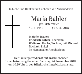 Traueranzeige von Maria Babler von merkurtz