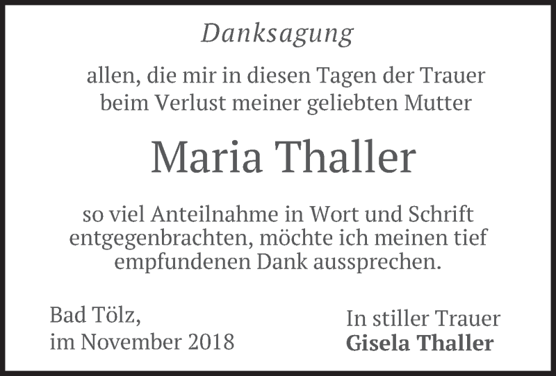  Traueranzeige für Maria Thaller vom 03.11.2018 aus merkurtz