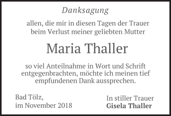 Traueranzeige von Maria Thaller von merkurtz