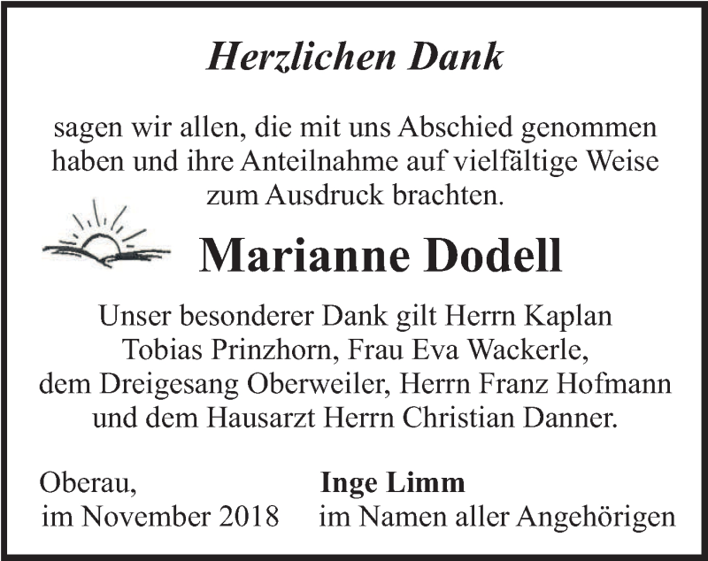  Traueranzeige für Marianne Dodell vom 24.11.2018 aus merkurtz
