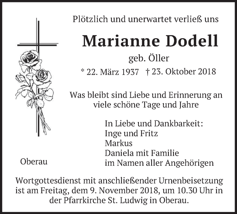  Traueranzeige für Marianne Dodell vom 06.11.2018 aus merkurtz
