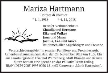 Traueranzeige von Mariza Hartmann von merkurtz