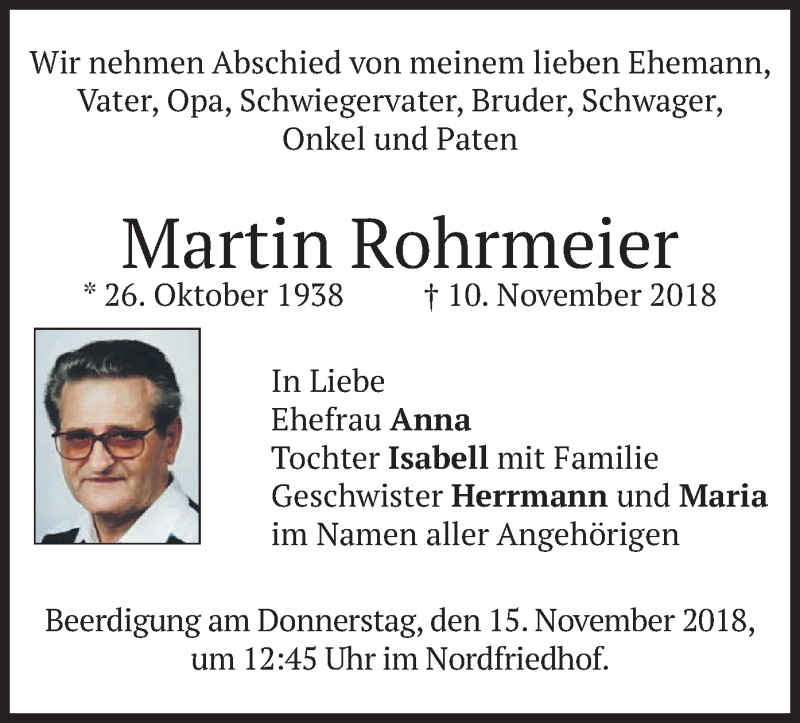  Traueranzeige für Martin Rohrmeier vom 14.11.2018 aus merkurtz