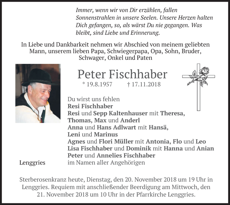  Traueranzeige für Peter Fischhaber vom 20.11.2018 aus merkurtz
