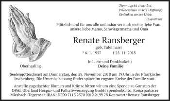 Traueranzeige von Renate Ransberger von merkurtz