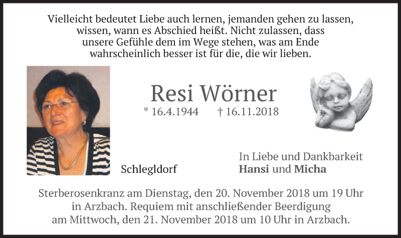  Traueranzeige für Resi Wörner vom 19.11.2018 aus merkurtz