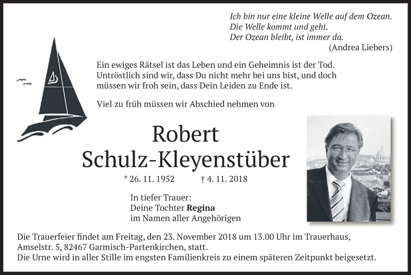  Traueranzeige für Robert Schulz-Kleyenstüber vom 17.11.2018 aus merkurtz