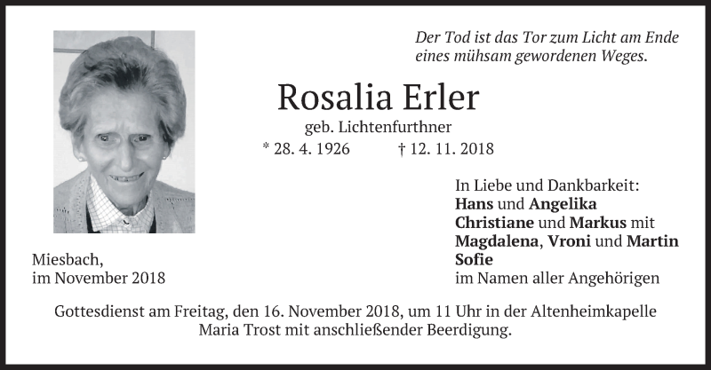 Traueranzeigen Von Rosalia Erler | Trauer.merkur.de