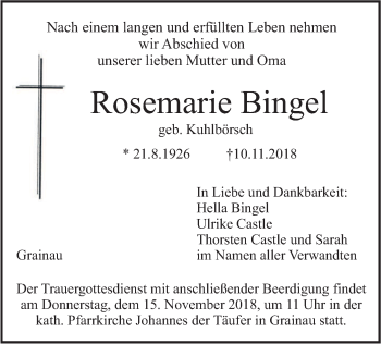 Traueranzeige von Rosemarie Bingel von merkurtz