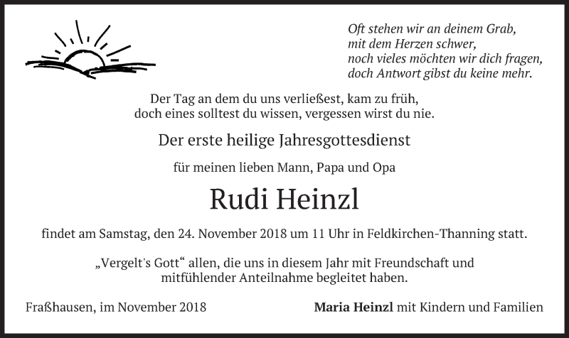  Traueranzeige für Rudi Heinzl vom 21.11.2018 aus merkurtz