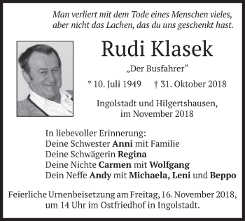 Traueranzeige von Rudi Klasek von merkurtz