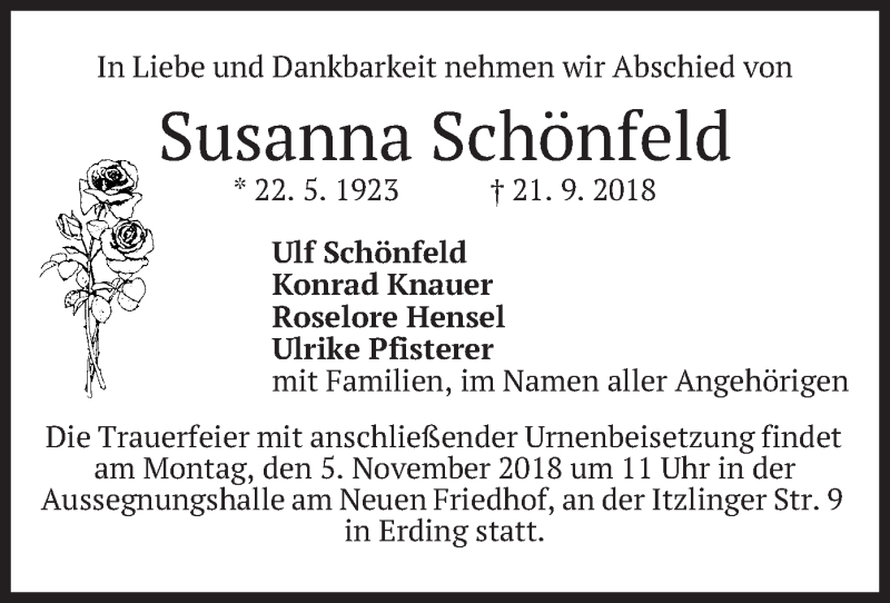  Traueranzeige für Susanna Schönfeld vom 02.11.2018 aus merkurtz