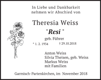 Traueranzeige von Theresia Weiss von merkurtz