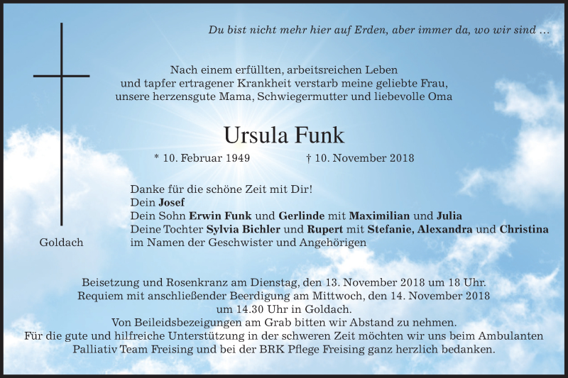  Traueranzeige für Ursula Funk vom 12.11.2018 aus merkurtz