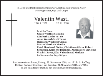 Traueranzeige von Valentin Wastl von merkurtz