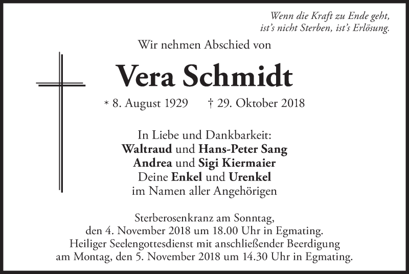  Traueranzeige für Vera Schmidt vom 03.11.2018 aus merkurtz