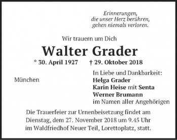 Traueranzeige von Walter Grader
