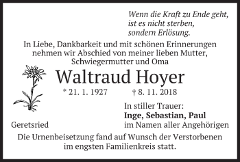 Traueranzeige von Waltraud Hoyer von merkurtz