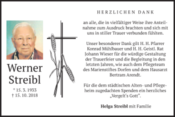 Traueranzeige von Werner Streibl von merkurtz