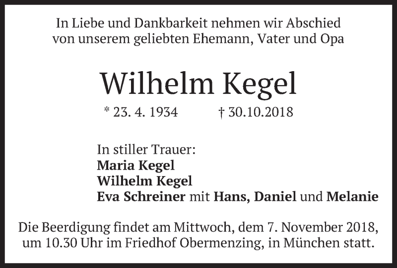  Traueranzeige für Wilhelm Kegel vom 03.11.2018 aus merkurtz