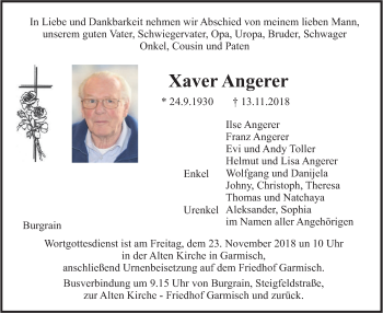 Traueranzeige von Xaver Angerer von merkurtz